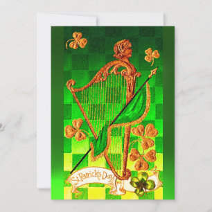IRISH HARP, GREEN GOLD SHAMROCKS St Patrick's Day Kaart