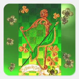 IRISH HARP, GREEN GOLD SHAMROCKS St Patrick's Day Vierkante Sticker