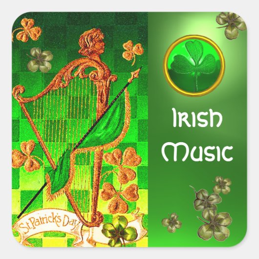 IRISH HARP, GREEN GOLD SHAMROCKS St Patrick's Day Vierkante Sticker (Voorkant)