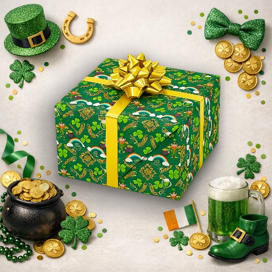 Irish Leprechaun Rainbow Green Celtic Pattern Cadeaupapier