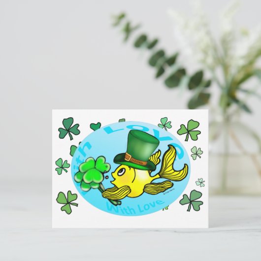 IRISH LUCK GOLDFISH met pet en shamrocks schattig Briefkaart (Staand voorkant)