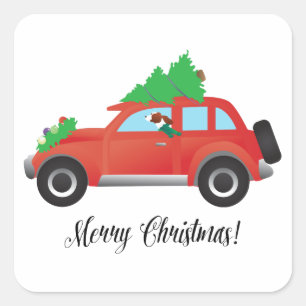 Irish Red and White Setter die kerstauto bestuurt Vierkante Sticker