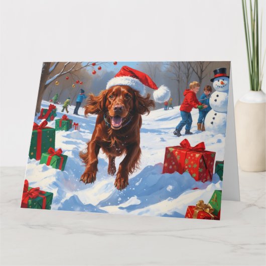 Irish Red Setter Hardloopsneeuw met kerst Pet Kaart (Voorkant)