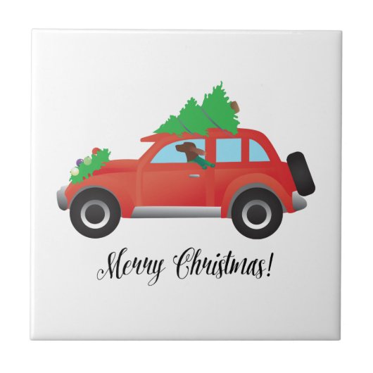 Irish Setter Driving a Car with a tree on top. Tegeltje (Voorkant)