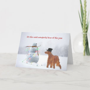 Irish Setter with Holiday Snowman Feestdagen Kaart