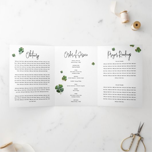 Irish Shamrock Clover Funeral Memorial Programme Drieluik Uitnodiging (Binnen)
