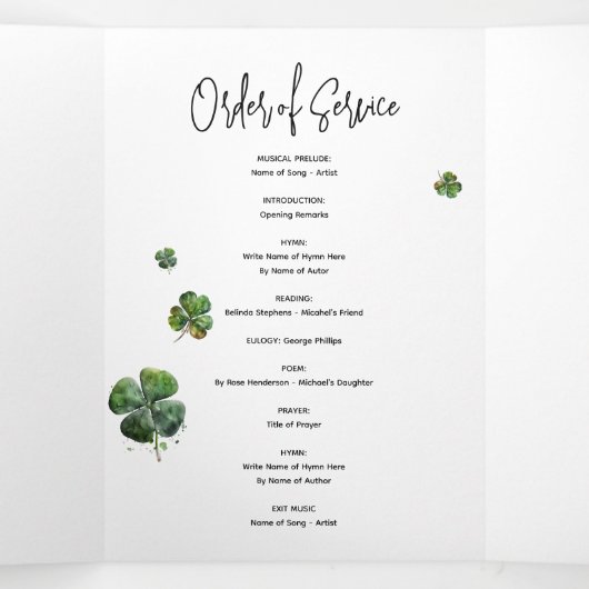Irish Shamrock Clover Funeral Memorial Programme Drieluik Uitnodiging (Binnenkant midden)