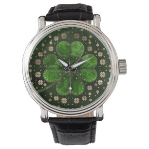 Irish Shamrock four-leaf clover Malachite and gold Horloge