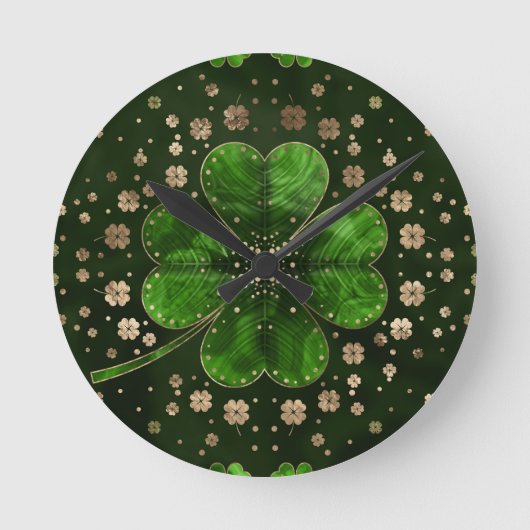 Irish Shamrock four-leaf clover Malachite and gold Ronde Klok (Voorkant)