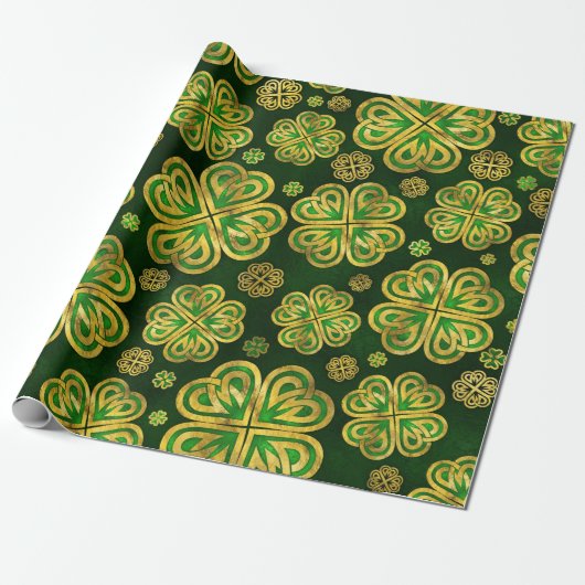Irish Shamrock four-leaf Lucky Clover Pattern Cadeaupapier (Uitgerold)