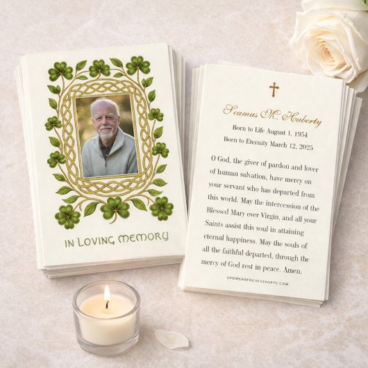 Irish Shamrock Gold Funeral Memorial Prayer Card Visitekaartje