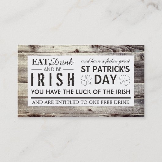 Irish Wood St Patrick's Day Drink Ticket (Voorkant)