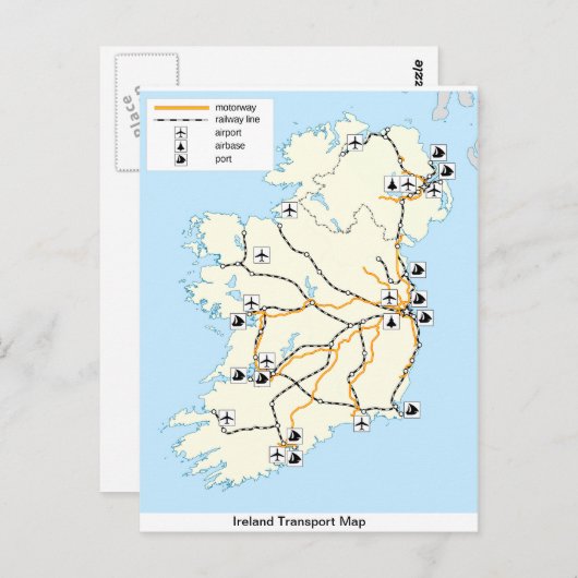 Irlande Transport Map, carte postale irlandaise. (Devant / Derrière)
