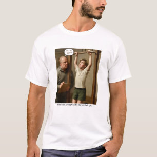 Ironisch genoeg zakt de jonge Charles Darwin voor T-shirt