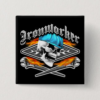 Ironwerker Skull en Flaming Wrenches Vierkante Button 5,1 Cm