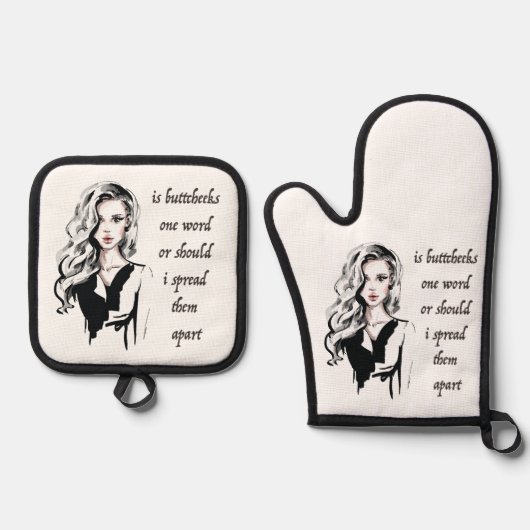 Is Buttcheeks een woord? Ovenwant & Pannenlap Set (Voorkant)
