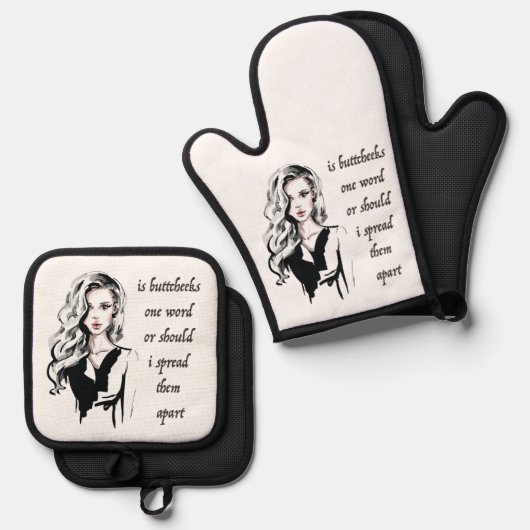 Is Buttcheeks een woord? Ovenwant & Pannenlap Set (Voorkant / Achterkant)