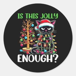 Is dit vrolijk genoeg grappig zwarte kat kerstboom ronde sticker