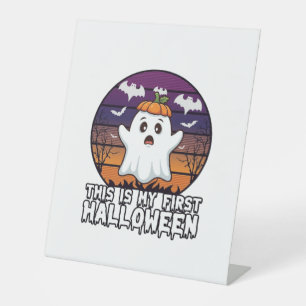 Is Eerste Halloween Geest Pompoen Hoed Vleermuizen Reclamebord Met Voetstuk