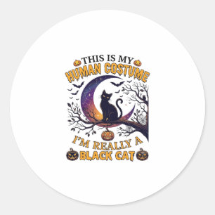 Is Menselijk Kostuum Zwarte Kat Halloween Maan_1 Ronde Sticker