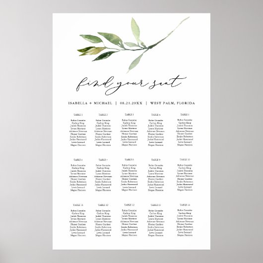 ISABELLA Elegant Boho Greenery Table Seating Chart Poster (Voorkant)
