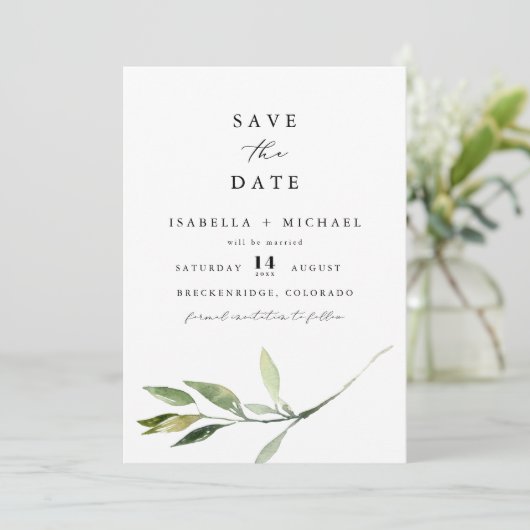ISABELLA Elegant Minimal Greenery Save the Date Kaart (Staand voorkant)