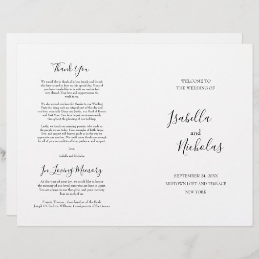 Isabella Elegant Script Folded Wedding Program (Voorkant / Achterkant)