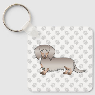 Isabella en Tan Long Hair Dachshund Cartoon Dog Sleutelhanger