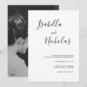 Isabella Simple Modern White Black Photo Wedding Kaart