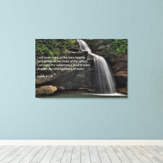 Isaiah 41:18 Waterfall Canvas Afdruk (Insitu (Houten vloer))