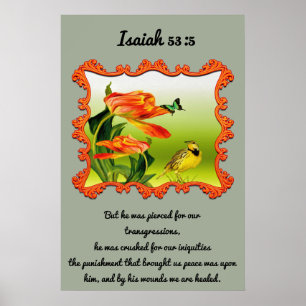 Isaiah 53:5 Gele en zwarte kanarie spotvogel Poster