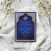 Islamic Gold & Blue Arch Ornate Arabesque Wedding Kaart