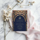 Islamic Navy Blue Mihrab Arabesque Wedding Kaart