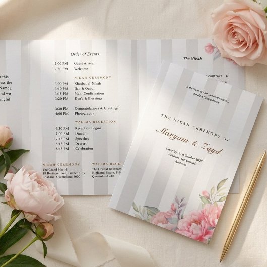 Islamic Nikah Wedding | Blush Peony Grey Stripe Drieluik Programma