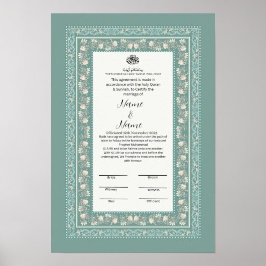 Islamitisch Bloemen Grens Nikkah Certificaat Poster (Voorkant)