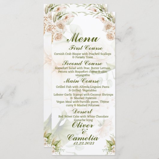 Islamitisch Bloemen Groen & Beige Bruiloft Menu (Voorkant / Achterkant)