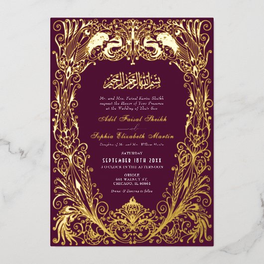 Islamitisch Paarse pruim bruiloft Ottomaans Turks Folie Uitnodiging (Voorkant)