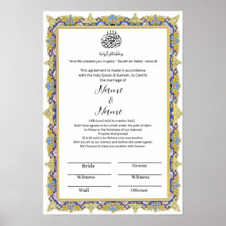 Islamitische bloemengrens Nikkah certificaat Poster