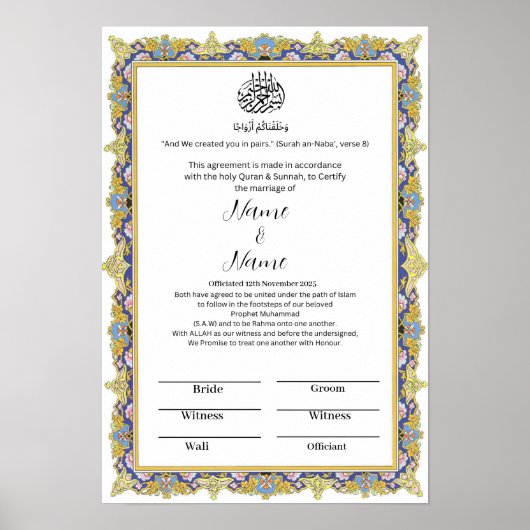 Islamitische bloemengrens Nikkah certificaat Poster (Voorkant)