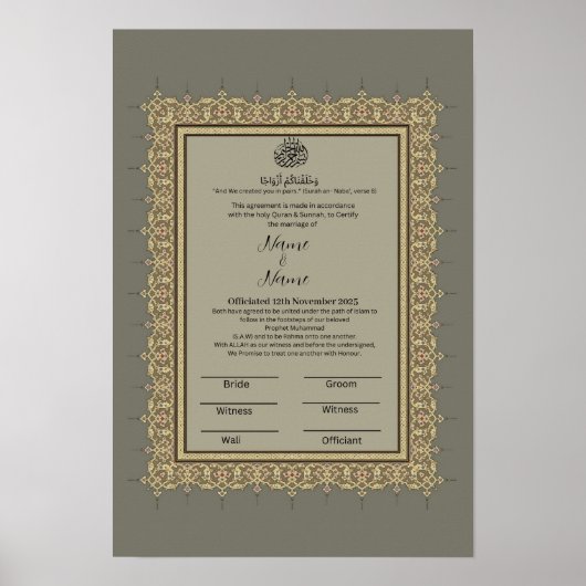 Islamitische Grijze Bloemgrens Nikkah certificaat Poster (Voorkant)
