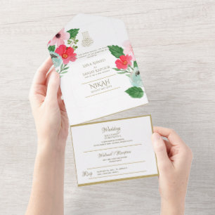 Islamitische WEDING NIKAH WALLIMAH Gold Floral All In One Uitnodiging