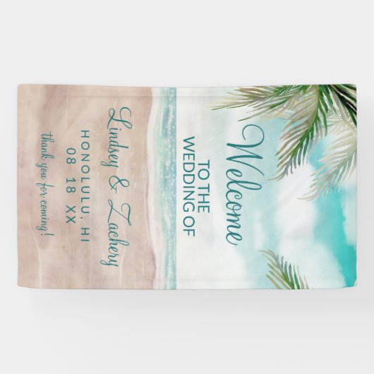 Island Breeze geschilderd strand scène bruiloft we Spandoek (Horizontaal)