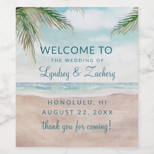 Island Breeze geschilderd strand scène bruiloft we Wijn Etiket (Enkel label)