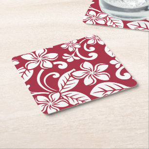 ISLAND PLUMERIA (CARDINAL RED) Papieren Onderzette Vierkante Kartonnen Onderzetter