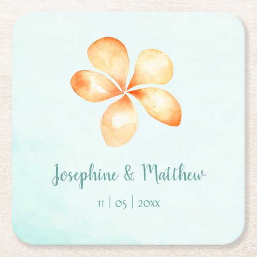 Island Plumeria Waterverf Bruiloft Vierkante Kartonnen Onderzetter (Voorkant)