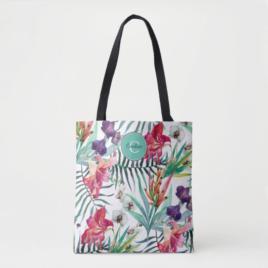 Island Style Tropical Floral Pattern en Monogram Draagtas (Voorkant)
