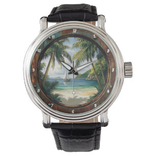 "Island Time" - Nautilus Raam Tropisch Strand Horloge