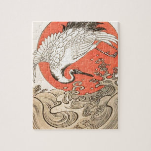 Isoda Koryusai - Crane, Waves en Rising Sun Legpuzzel
