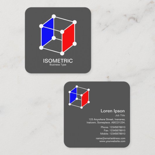 Isometrische kubus — wit, blauw en rood op grijs vierkante visitekaartje (Voorkant / Achterkant)