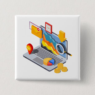 Isometrische zakelijke data-analyse laptop vierkante button 5,1 cm